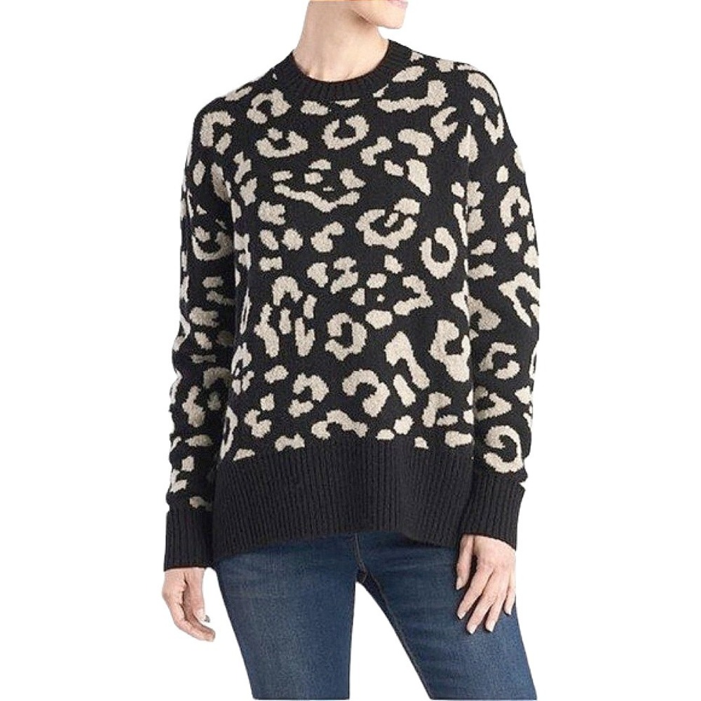 ZARA KNT Black Leopard‎ Print Crew Neck Fuzzy Oversized Knit Sweater Size S